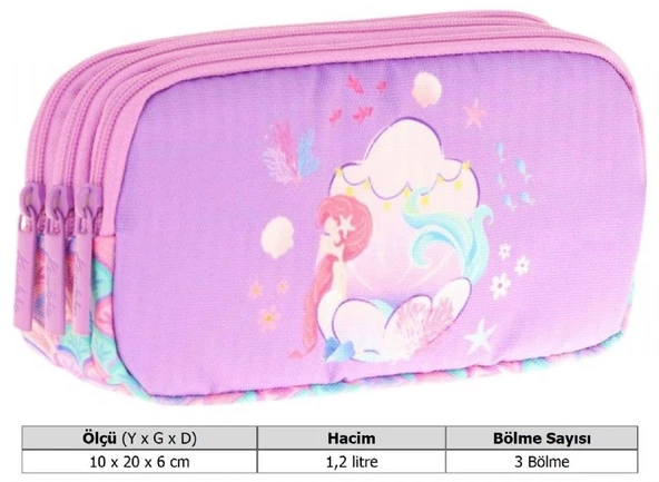 Kaukko Kids Üç Bölmeli Pembe Lila, Denizkızı, Kız Çocuk Okul Kalemliği - L8225 - 3