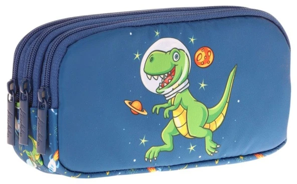 Kaukko Kids Lacivert Yeşil, Sevimli Dinazor, Erkek Çocuk Üç Gözlü Okul Kalem Çantası - L8252
