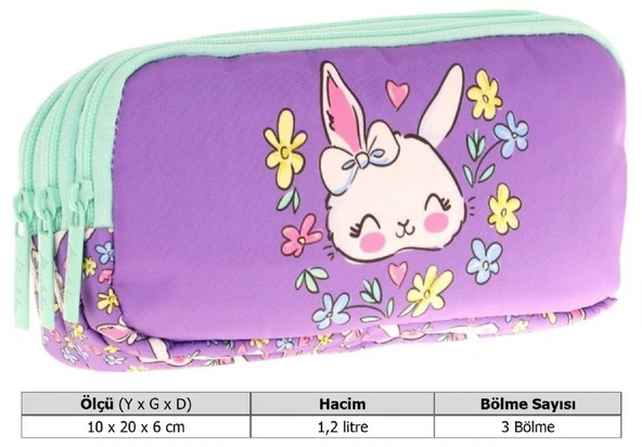 Kaukko Kids Yeşil Mor, Sevimli Tavşan, Kız Çocuk Üç Gözlü Okul Kalem Çantası - L8242 - 3