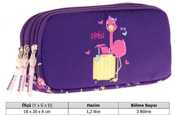 Kaukko Kids Üç Bölmeli Mor Pembe, Flamingo Baskılı, Kız Çocuk Okul Kalemliği - L8223 - Resim 3