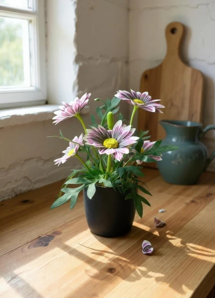 Yapay Çiçek Mürdüm Margarit Papatya Siyah Saksıda Dekoratif Yapay Çiçek 30*25cm - Resim 3