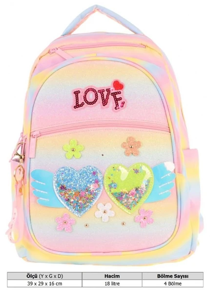 Kaukko Kids Simli Kalp ve Çiçek Detaylı Kız Çocuk Dört Bölmeli Okul Çantası - L5213 - Resim 4