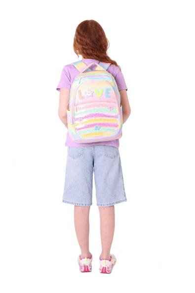 Kaukko Kids Simli Pullu Love Baskılı Kız Çocuk Dört Bölmeli Okul Çantası - L5214 - Resim 6