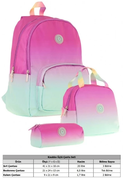 Kaukko Rainbow Pembe Yeşil Renk Geçişli Kız Çocuk Üçlü İlkokul ve Ortaokul Çanta Seti - Resim 2