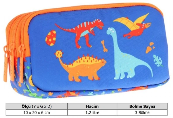 Kaukko Kids Turuncu Mavi, Dinazorlar Temalı, Erkek Çocuk Üç Bölmeli Kalemlik/Kalem Çantası - L8278 - Resim 3