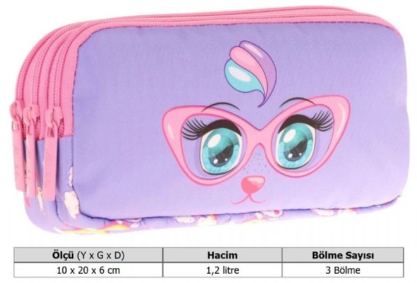 Kaukko Kids Üç Bölmeli Pembe Lila, Gözlüklü Kedi Baskılı, Kız Çocuk Okul Kalemliği - L8236 - Resim 3
