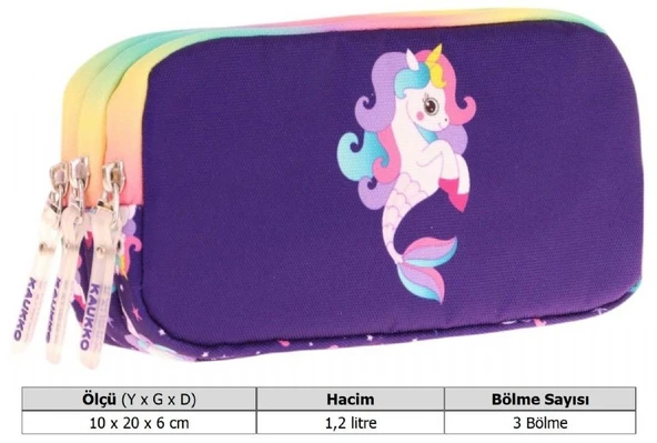 Kaukko Kids Üç Bölmeli Mor Çok Renkli, Denizkızı ve Unicorn, Kız Çocuk Okul Kalemliği - L8228 - Resim 3
