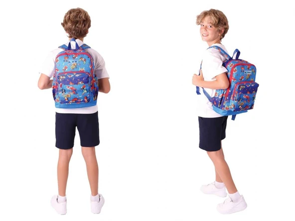 Kaukko Kids Erkek Çocuk Mavi Kırmızı Okul Çantası ve Üç Bölmeli Kalemlik Seti - Silikon Aksesuarlı - Resim 3