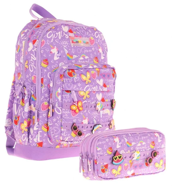 Kaukko Kids Kız Çocuk Mor Okul Çantası ve Üç Bölmeli Kalemlik Seti - Silikon Aksesuarlı ürün görseli