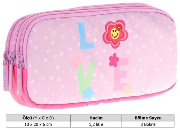 Kaukko Kids Üç Bölmeli Pembe Lila, Love Desenli, Kız Çocuk Okul Kalem Çantası - L8211 - 3