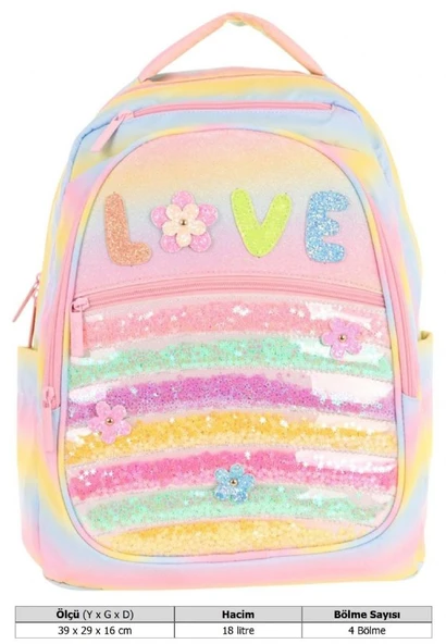 Kaukko Kids Simli Pullu Love Baskılı Kız Çocuk Dört Bölmeli Okul Çantası - L5214 - Resim 4