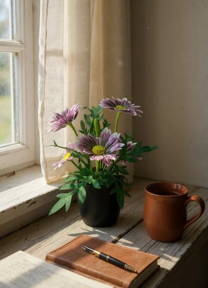 Yapay Çiçek Mürdüm Margarit Papatya Siyah Saksıda Dekoratif Yapay Çiçek 30*25cm - Resim 4