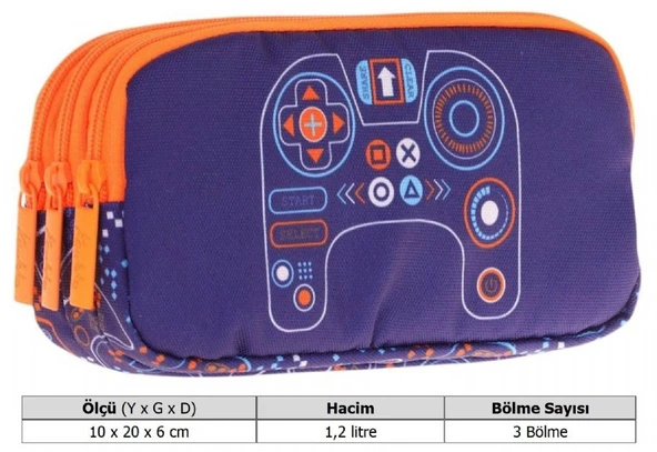 Kaukko Kids Turuncu Lacivert, Oyun, Erkek Çocuk Üç Bölmeli Kalemlik/Kalem Çantası - L8281 - Resim 3