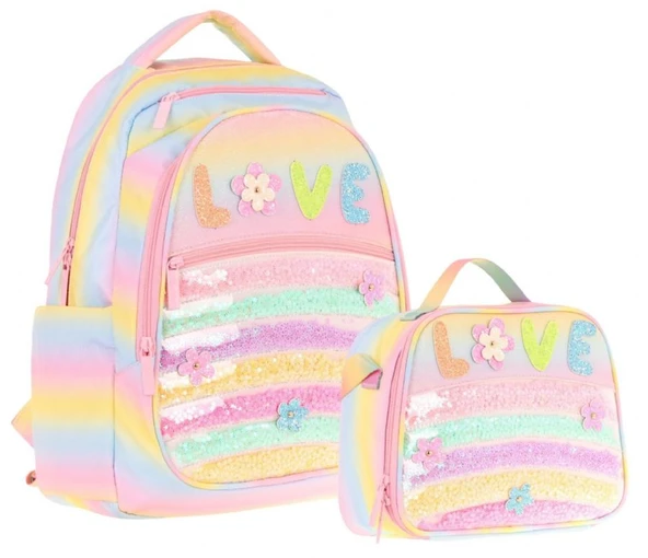 Kaukko Kids Dört Bölmeli Okul Çantası ve Beslenme Çantası Seti - Simli Pullu Love Baskılı - Kız Çocuk (L5214+L7214) - Resim 2