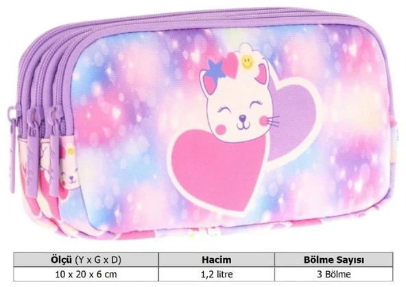 Kaukko Kids Üç Bölmeli Mor Pembe, Sevimli Kedi Baskılı, Kız Çocuk Okul Kalemliği - L8219 - Resim 3