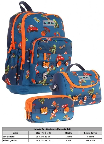 Kaukko Kids Üçlü İlkokul 1.2.3.4. Sınıf Okul Çanta Seti - Lacivert Turuncu - Erkek Çocuk - Silikon Aksesuarlı - Resim 2