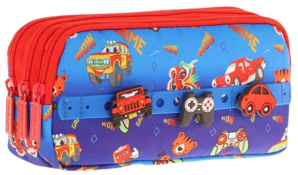 Kaukko Kids Mavi Kırmızı, Arabalar, Erkek Çocuk Üç Bölmeli Okul Kalem Çantası - L8258 ürün görseli
