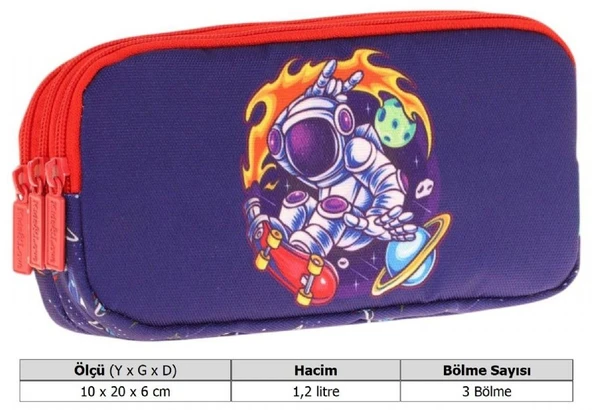 Kaukko Kids Kırmızı Lacivert, Astronot, Erkek Çocuk Üç Bölmeli Okul Kalem Çantası - L8267 - Resim 3