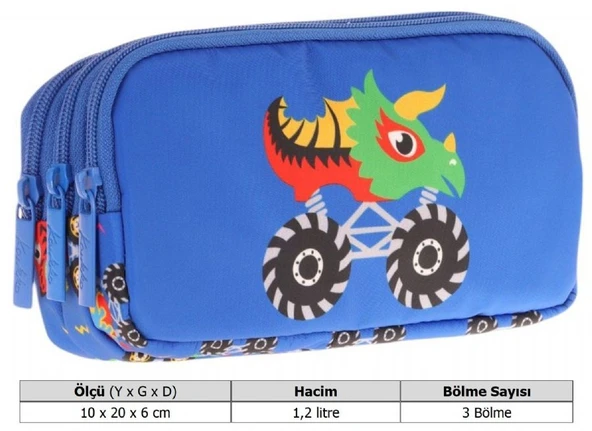 Kaukko Kids Mavi, Canavar Baskılı, Erkek Çocuk Üç Bölmeli Okul Kalem Çantası - L8255 - Resim 3