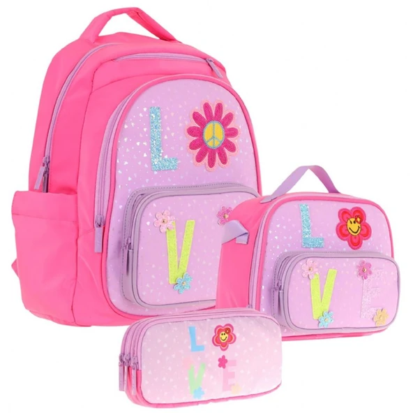 Kaukko Kids Kız Çocuk Simli Love Desenli İlkokul 1.2.3.4. Sınıf Üçlü Okul Çanta Seti ürün görseli