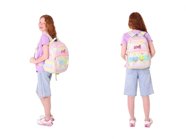 Kaukko Kids Dört Bölmeli Okul Çantası ve Beslenme Çantası Seti - Simli Pullu Love Baskılı - Kız Çocuk (L5214+L7214) - Resim 4