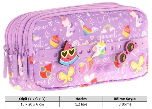 Kaukko Kids Mor, Yaz Temalı, Kız Çocuk Üç Gözlü Okul Kalem Çantası - L8245 - 3