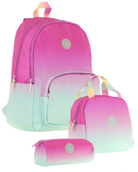Kaukko Rainbow Pembe Yeşil Renk Geçişli Kız Çocuk Üçlü İlkokul ve Ortaokul Çanta Seti ürün görseli