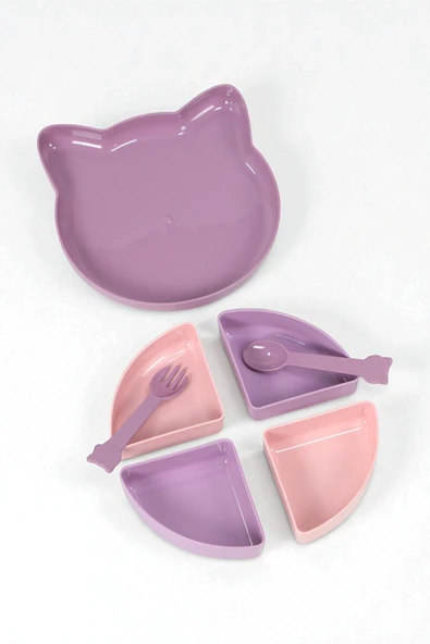 İronika Kitty 7 Parça Kedicik Model Çocuk Bebek Çatal Kaşık Tabak Yemek Beslenme Seti Mama Tabağı - Kahve - 2