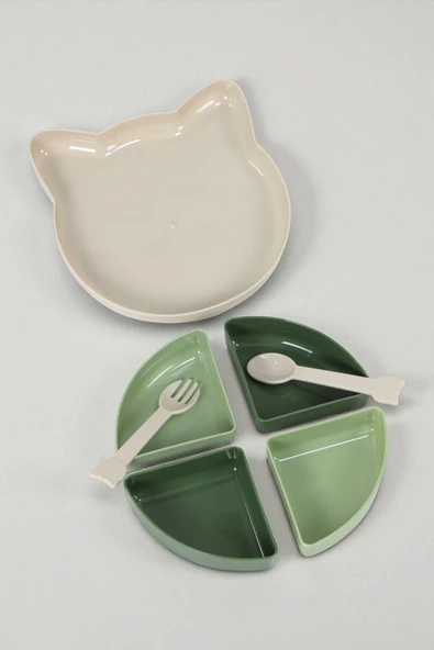 İronika Kitty 7 Parça Kedicik Model Çocuk Bebek Çatal Kaşık Tabak Yemek Beslenme Seti Mama Tabağı - Yeşil - 2