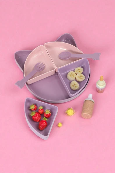 İronika Kitty 7 Parça Kedicik Model Çocuk Bebek Çatal Kaşık Tabak Yemek Beslenme Seti Mama Tabağı - Kahve