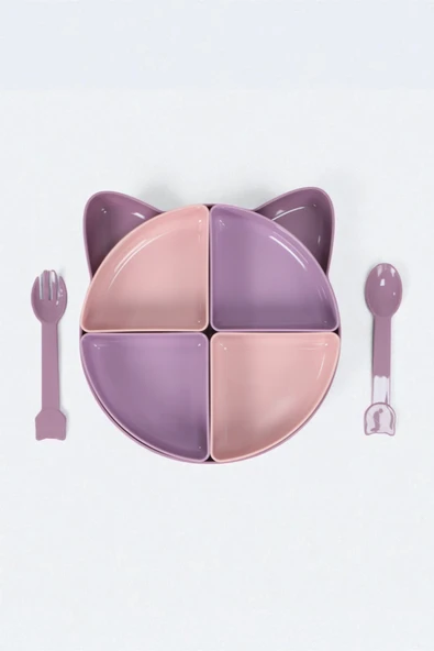 İronika Kitty 7 Parça Kedicik Model Çocuk Bebek Çatal Kaşık Tabak Yemek Beslenme Seti Mama Tabağı - Kahve - 3