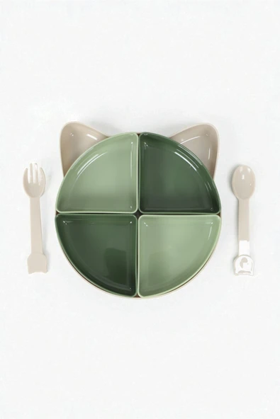 İronika Kitty 7 Parça Kedicik Model Çocuk Bebek Çatal Kaşık Tabak Yemek Beslenme Seti Mama Tabağı - Yeşil - 3