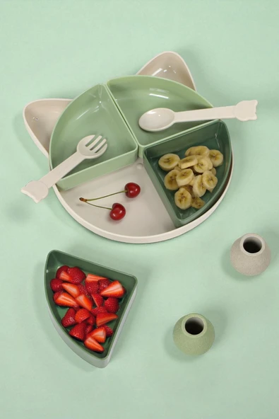 İronika Kitty 7 Parça Kedicik Model Çocuk Bebek Çatal Kaşık Tabak Yemek Beslenme Seti Mama Tabağı - Yeşil