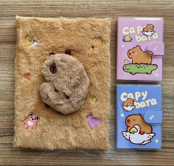 Capybara Kapibara Figürlü 80 Yaprak Çizgili Defter ve 2 Adet Capybara Kapibara Figürlü Not Defteri - 1