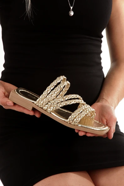 MİA026-1606 Günlük Kadın El Örgülü ALTIN Tatil Terliği ürün görseli 1