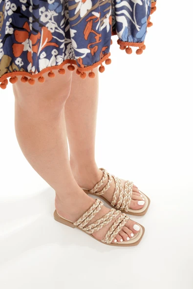 MİA026-1606 Günlük Kadın El Örgülü BEJ&NUT Tatil Terliği ürün görseli 1