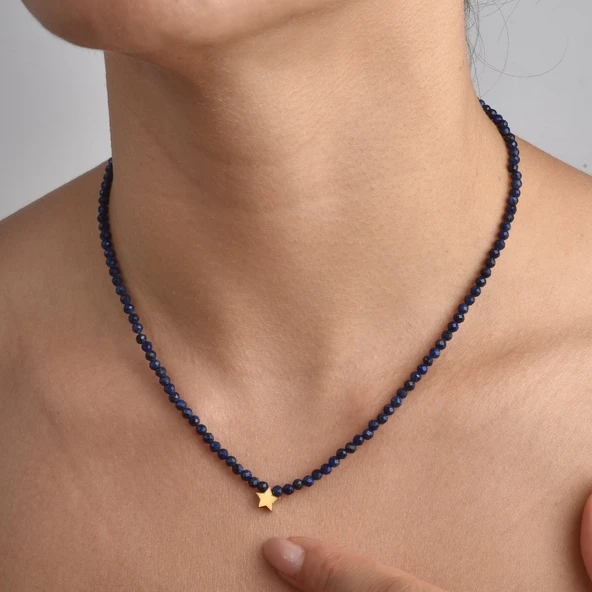 14 Ayar Altın Kaplama Lapis Lazuli Doğal Taşlı Yıldız  Gümüş Kolye - NGS00112 ürün görseli 1