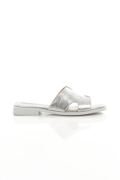 MİA028-1022 Hakiki Deri Kadın Günlük-Düğün-Eğlence-GÜMÜŞ Tatil Terliği - Resim 4