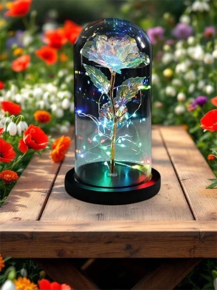 Rosepremium Fanus Içerisinde Dekoratif RGB Peri Led Işıklı Solmayan Sonsuzluk Gülü - 5