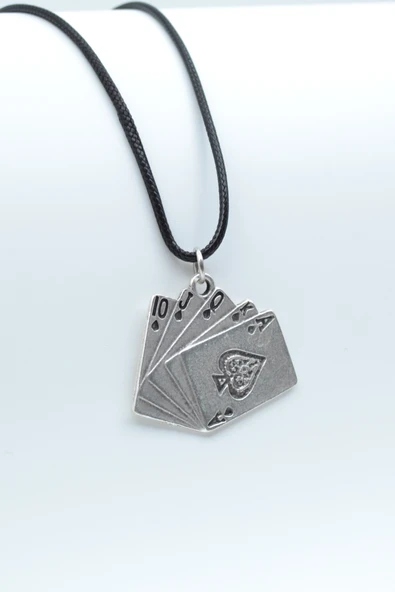 Poker İskambil Gümüş Kaplama Deri İp Kolye - Resim 7