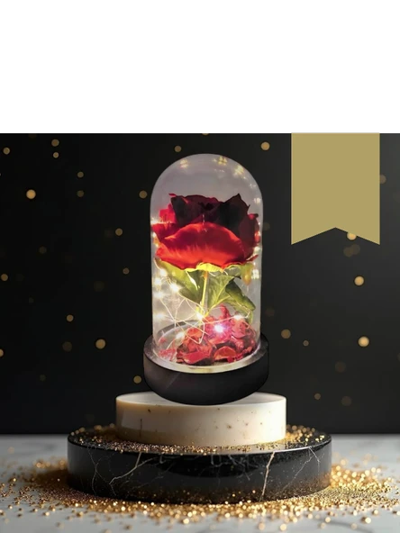 Rosepremium Fanus Içerisinde Dekoratif RGB Led Işıklı Solmayan Kırmızı Gül - 2