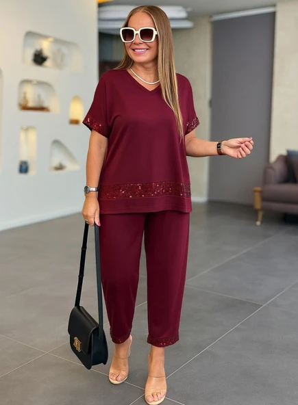Kadın Kısa Kollu V Yakalı Pul Payetli Viskon Iki Iplik Bluz Ve Pantolon Ikili Takım - Resim 3