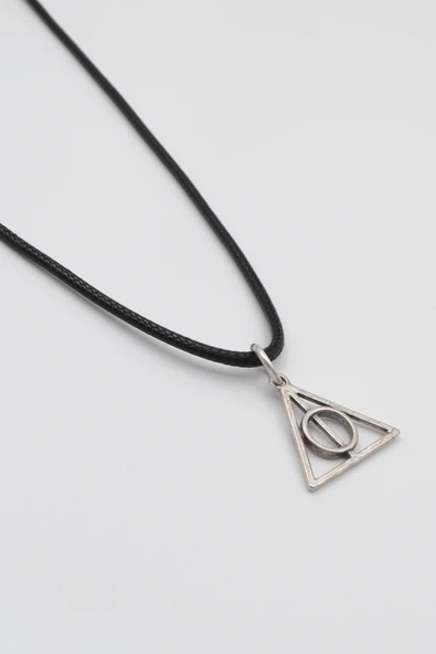 Minimal Harry Potter Ölüm Yadigarları Siyah Deri İp Kolye - Antik Gümüş Kaplama - Kadın Erkek - 60 cm - Resim 2