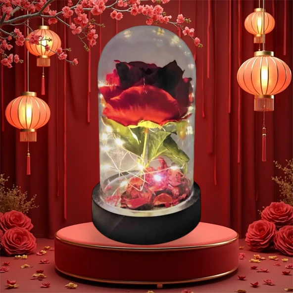 Rosepremium Fanus Içerisinde Dekoratif RGB Led Işıklı Solmayan Kırmızı Gül - 4