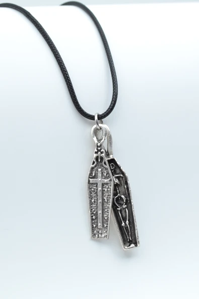 Tabut İskelet Haç Gümüş Kaplama Deri İp Kolye ürün görseli 1