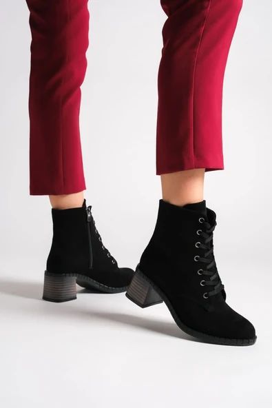 JET-DIANA Bağcıklı Fermuarlı Ortopedik Taban Topuklu Süet Kadın Bot  SST - Siyah - Resim 3