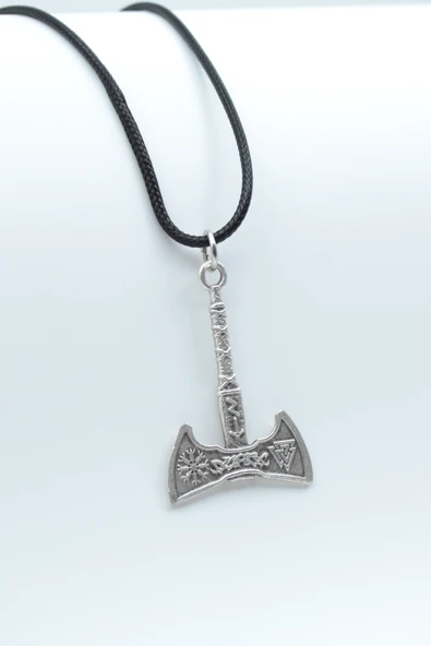 Viking Run Sembol Balta Gümüş Kaplama Deri İp Kolye ürün görseli 1