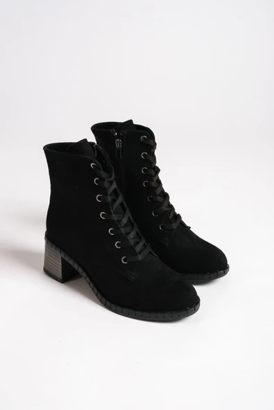 JET-DIANA Bağcıklı Fermuarlı Ortopedik Taban Topuklu Süet Kadın Bot  SST - Siyah - Resim 4