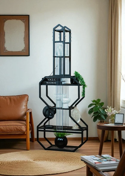 DEKORATİF SİYAH METAL KİTAPLIK RAFLI GİTAR ÜNİTE ÇOK AMAÇLI SALON OFİS DÜZENLEYİCİ - 2
