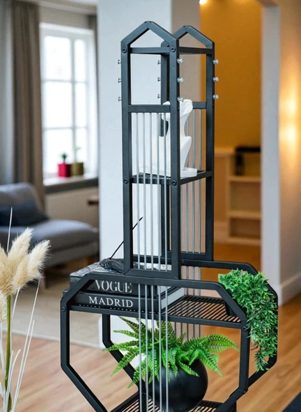 DEKORATİF SİYAH METAL KİTAPLIK RAFLI GİTAR ÜNİTE ÇOK AMAÇLI SALON OFİS DÜZENLEYİCİ - 3